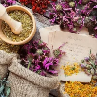 Getrocknete Heilkräuter, ein Mörsel mit Kräutern, handgeschriebene Rezepte und Glasfläschchen auf Holztisch - Homöopathie Angebot in Naturheilpraxis von Monika Tembrink in Hürth bei Köln
